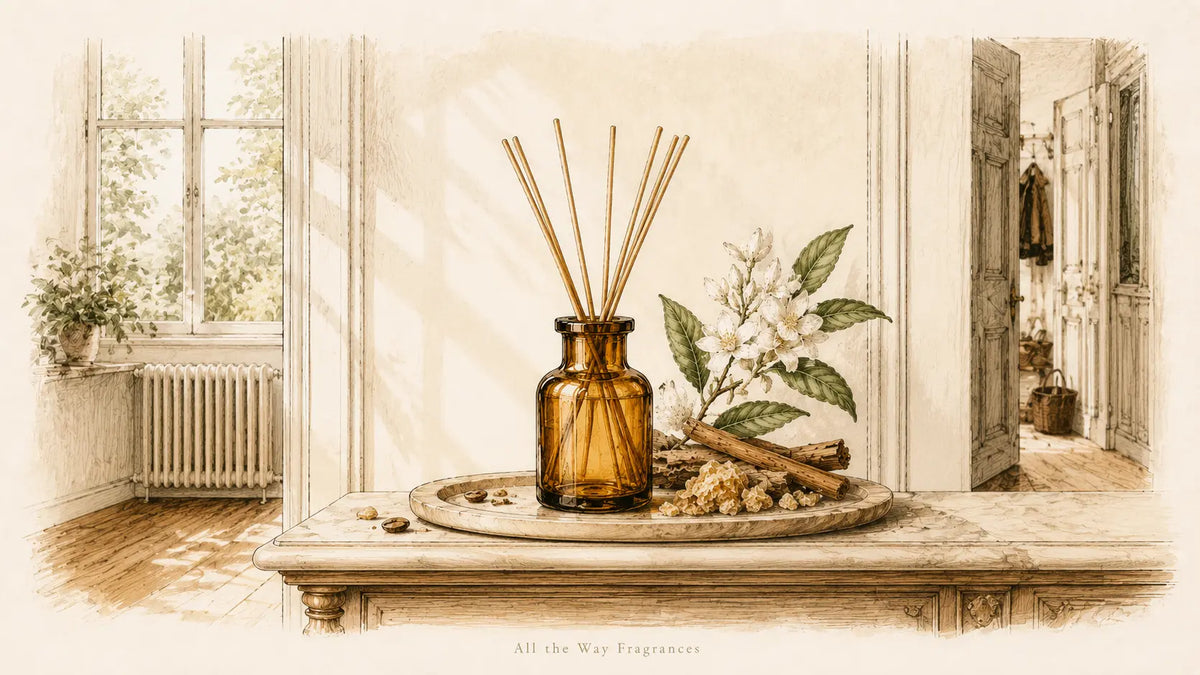 Reed diffuser σε σταθερή επιφάνεια μακριά από άμεσο ήλιο και περάσματα