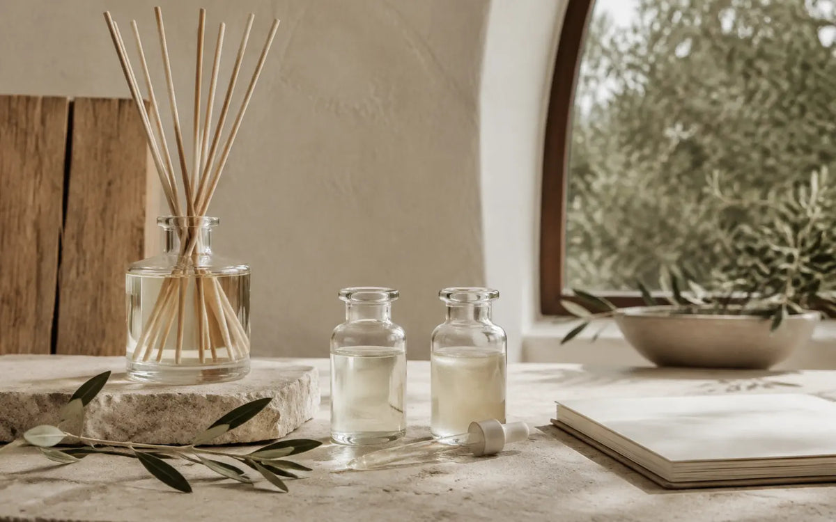 Reed diffuser με στικς δίπλα σε δύο διαφανή δείγματα βάσης διαφορετικής εξάτμισης
